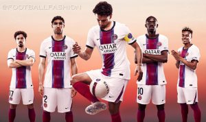 The white Nike Paris Saint-Germain 2026/27 jersey away kit displaying a red and navy blue gradient central pinstripe.