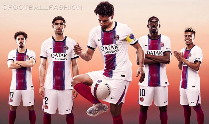 The white Nike Paris Saint-Germain 2026/27 jersey away kit displaying a red and navy blue gradient central pinstripe.