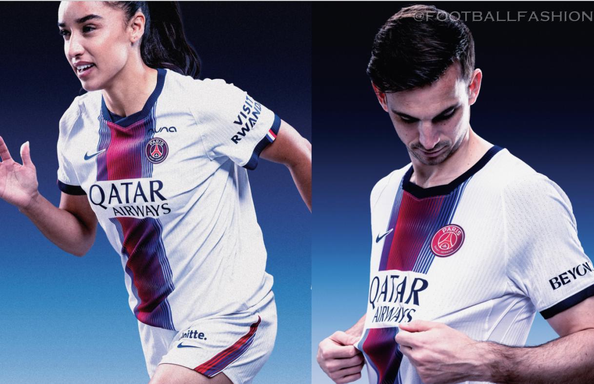 The white Nike Paris Saint-Germain 2026/27 jersey away kit displaying a red and navy blue gradient central pinstripe.