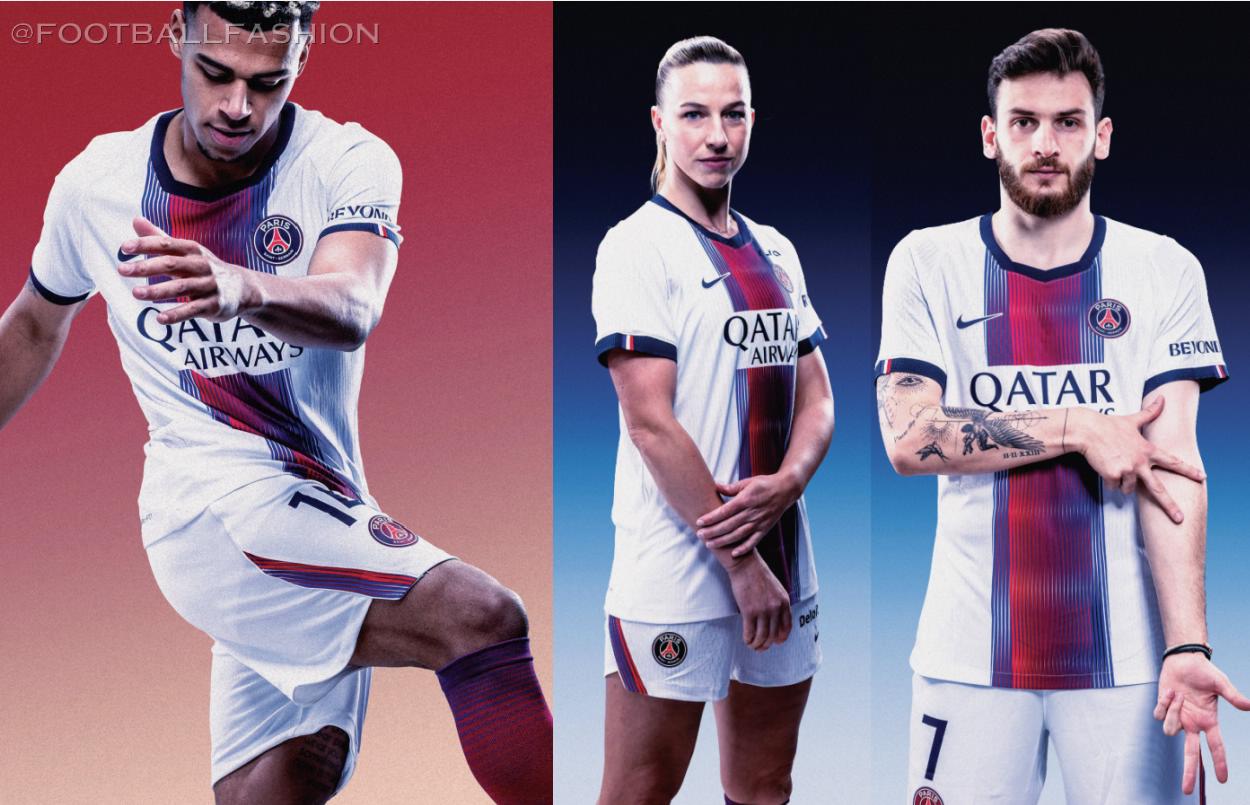 The white Nike Paris Saint-Germain 2026/27 jersey away kit displaying a red and navy blue gradient central pinstripe.