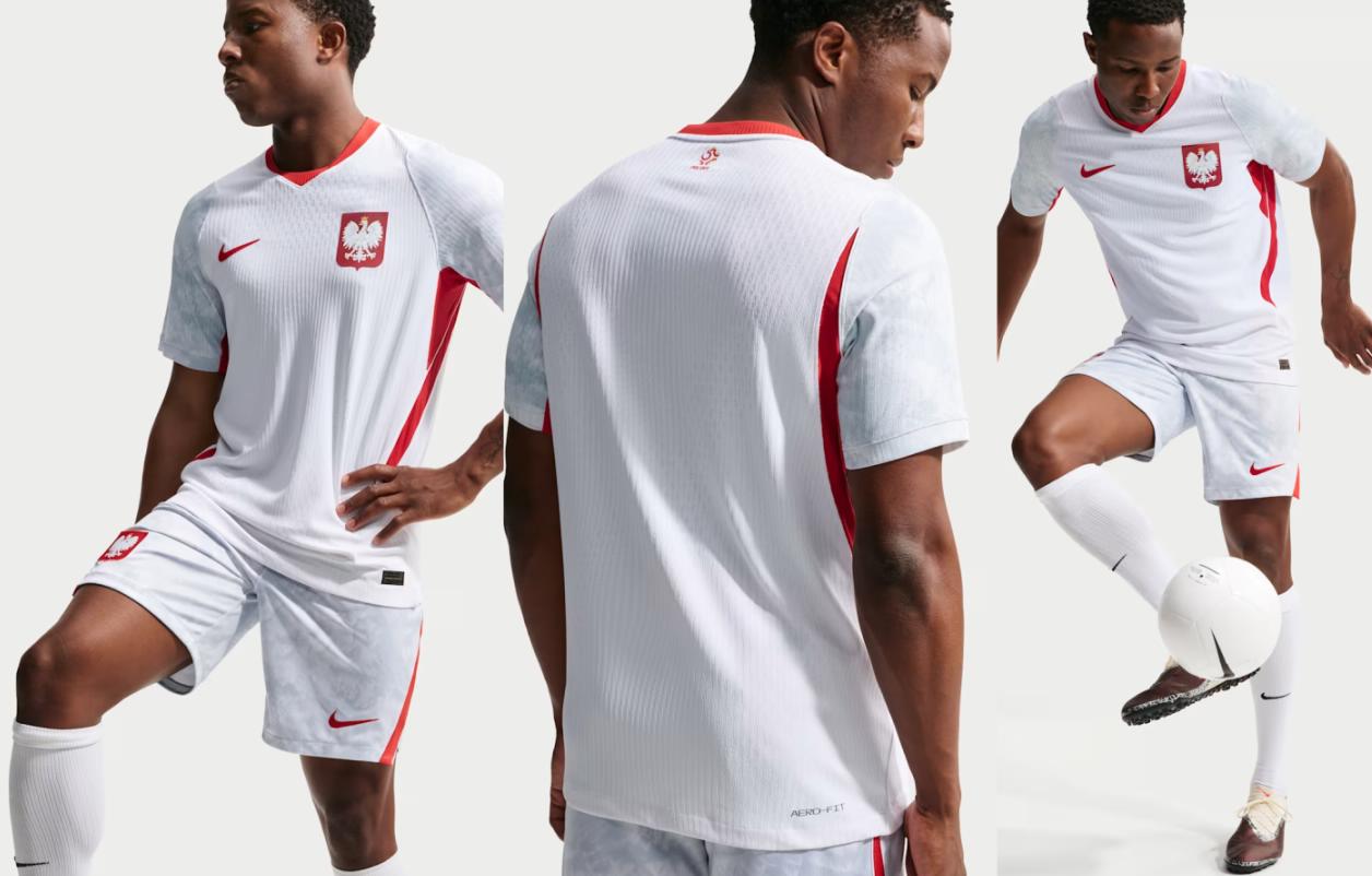 Front and back views of the white Nike Poland 2026/27 home kit and the Noble Red away kit featuring the national eagle crest and subtle graphic patterns.