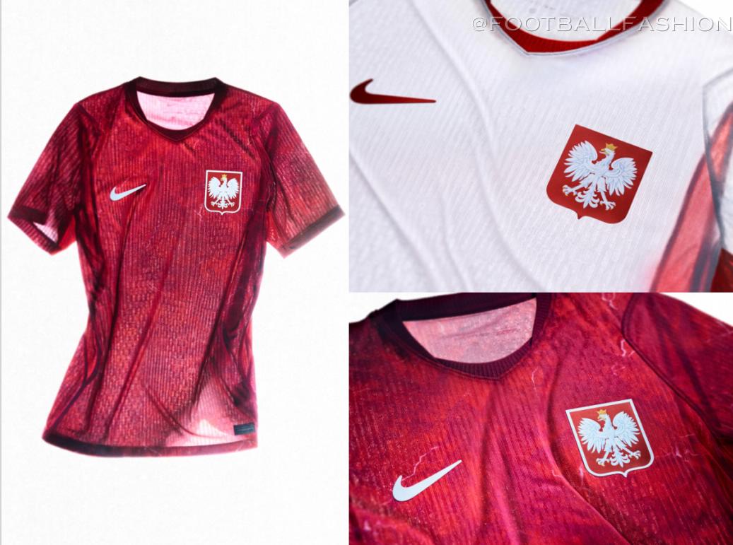 Front and back views of the white Nike Poland 2026/27 home kit and the Noble Red away kit featuring the national eagle crest and subtle graphic patterns.