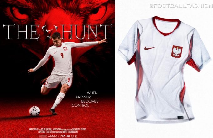 Front and back views of the white Nike Poland 2026/27 home kit and the Noble Red away kit featuring the national eagle crest and subtle graphic patterns.