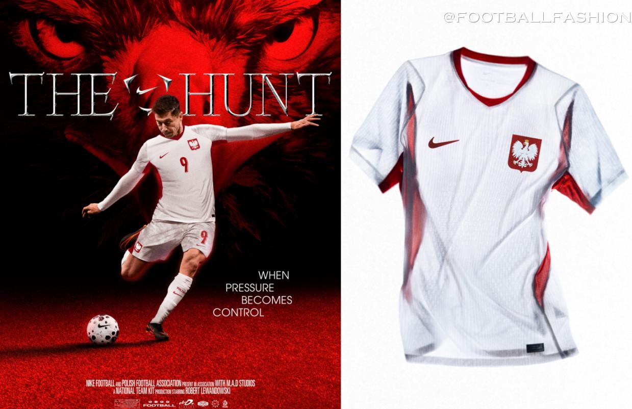 Front and back views of the white Nike Poland 2026/27 home kit and the Noble Red away kit featuring the national eagle crest and subtle graphic patterns.