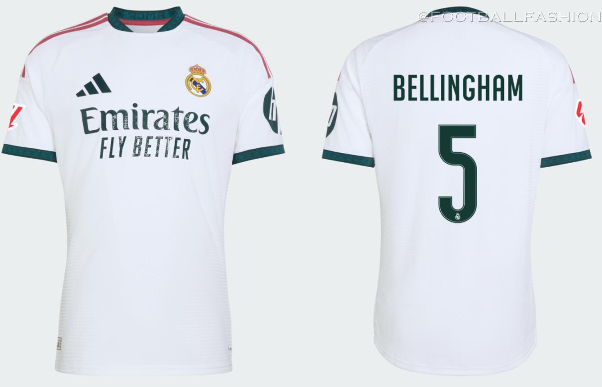 White Real Madrid 2026/27 Jersey featuring dark green collar details and pink adidas shoulder stripes