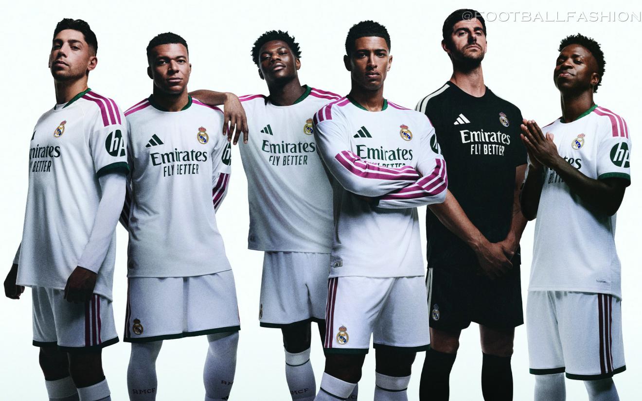 White Real Madrid 2026/27 Jersey featuring dark green collar details and pink adidas shoulder stripes