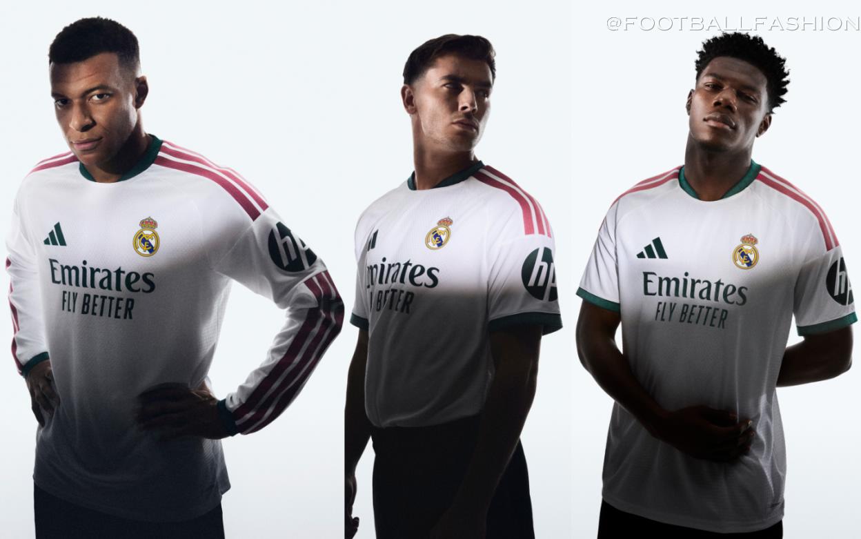 White Real Madrid 2026/27 Jersey featuring dark green collar details and pink adidas shoulder stripes