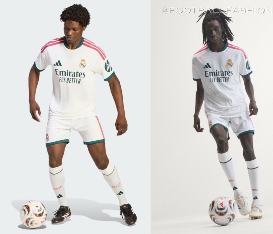 White Real Madrid 2026/27 Jersey featuring dark green collar details and pink adidas shoulder stripes