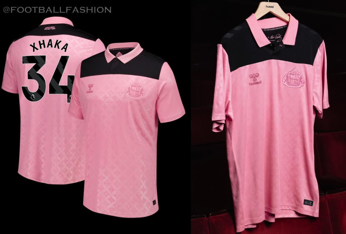 The pink and black Sunderland AFC Elvis 2026/27 jersey away kit by hummel featuring 1950s design motifs.