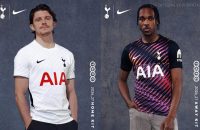 Image showcasing both the new white Tottenham Hotspur 2026/27 home jersey with its subtle textured pattern and the vibrant, purple-infused away jersey featuring dynamic diagonal lines, both made by Nike.