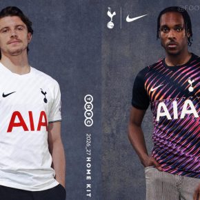 Image showcasing both the new white Tottenham Hotspur 2026/27 home jersey with its subtle textured pattern and the vibrant, purple-infused away jersey featuring dynamic diagonal lines, both made by Nike.