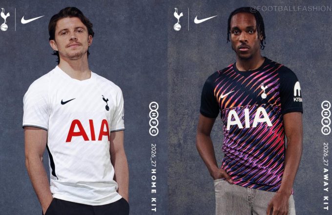 Image showcasing both the new white Tottenham Hotspur 2026/27 home jersey with its subtle textured pattern and the vibrant, purple-infused away jersey featuring dynamic diagonal lines, both made by Nike.