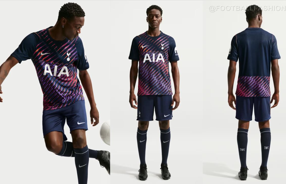 Image showcasing both the new white Tottenham Hotspur 2026/27 home jersey with its subtle textured pattern and the vibrant, purple-infused away jersey featuring dynamic diagonal lines, both made by Nike.