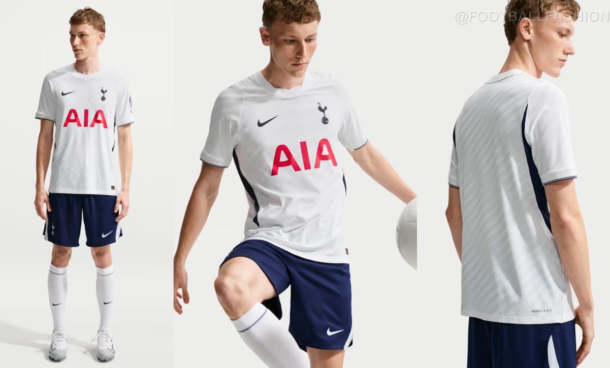 Image showcasing both the new white Tottenham Hotspur 2026/27 home jersey with its subtle textured pattern and the vibrant, purple-infused away jersey featuring dynamic diagonal lines, both made by Nike.