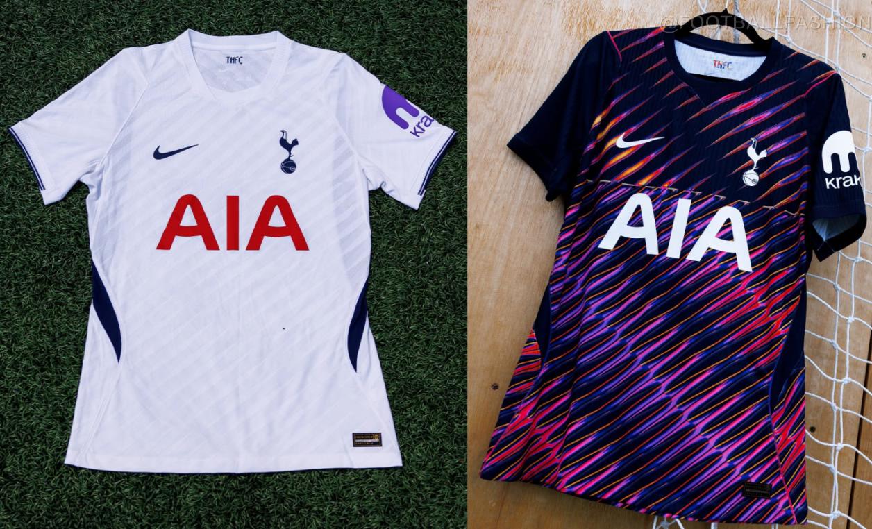 Image showcasing both the new white Tottenham Hotspur 2026/27 home jersey with its subtle textured pattern and the vibrant, purple-infused away jersey featuring dynamic diagonal lines, both made by Nike.