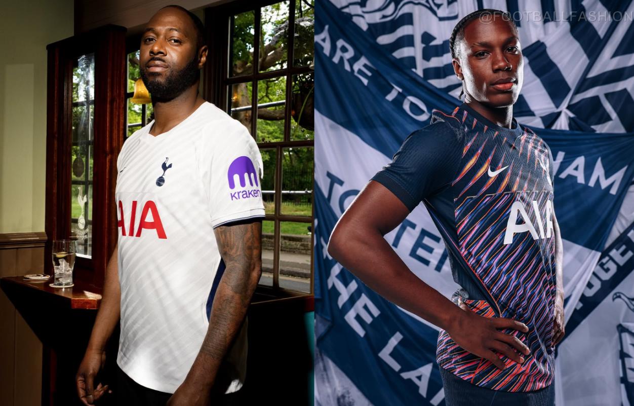 Image showcasing both the new white Tottenham Hotspur 2026/27 home jersey with its subtle textured pattern and the vibrant, purple-infused away jersey featuring dynamic diagonal lines, both made by Nike.