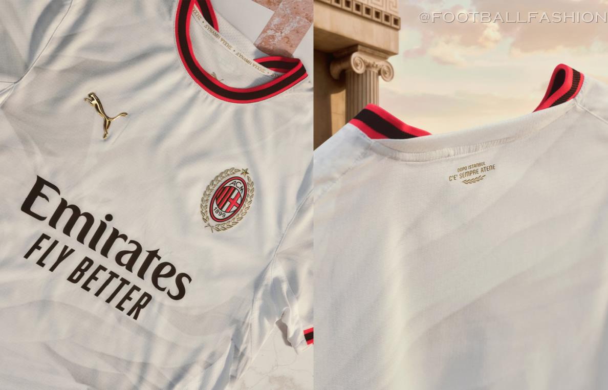 AC Milan 2026/27 Away Jersey by PUMA featuring a gold laurel wreath around the club crest and classic white fabric.