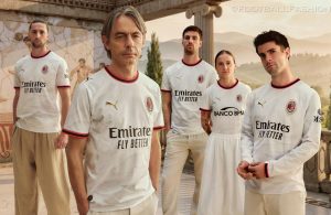 AC Milan 2026/27 Away Jersey by PUMA featuring a gold laurel wreath around the club crest and classic white fabric.