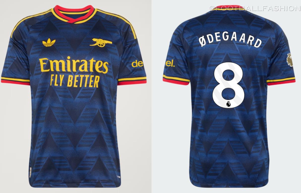 Navy Arsenal Football Club 2026/27 Jersey featuring a yellow geometric print and adidas Trefoil logo.