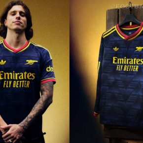 Navy Arsenal Football Club 2026/27 Jersey featuring a yellow geometric print and adidas Trefoil logo.