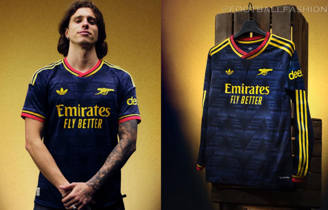 Navy Arsenal Football Club 2026/27 Jersey featuring a yellow geometric print and adidas Trefoil logo.