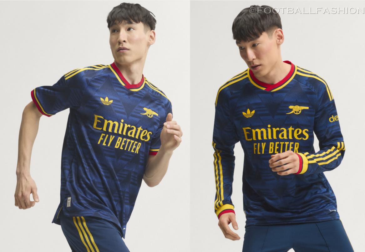 Navy Arsenal Football Club 2026/27 Jersey featuring a yellow geometric print and adidas Trefoil logo.