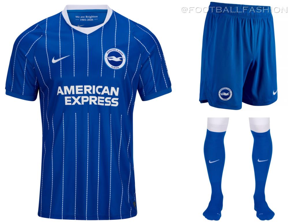 The blue and white pinstripe Brighton & Hove Albion 2026/27 jersey home kit by Nike