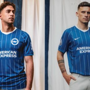 The blue and white pinstripe Brighton & Hove Albion 2026/27 jersey home kit by Nike