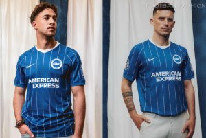 The blue and white pinstripe Brighton & Hove Albion 2026/27 jersey home kit by Nike