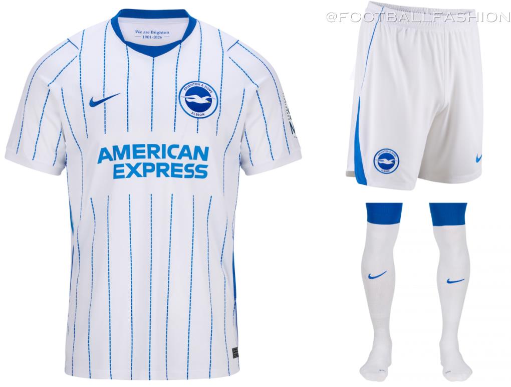 The white and blue pinstripe Brighton & Hove Albion 2026/27 jersey away kit by Nike.