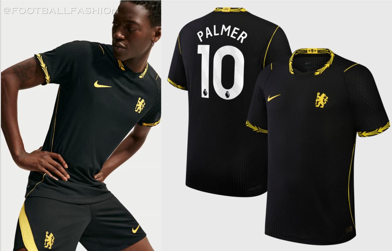The Chelsea Football Club 2026/27 Nike away jersey featuring a black base with Midwest Gold shoulder ribs, round neck trim, and sleeve cuffs.