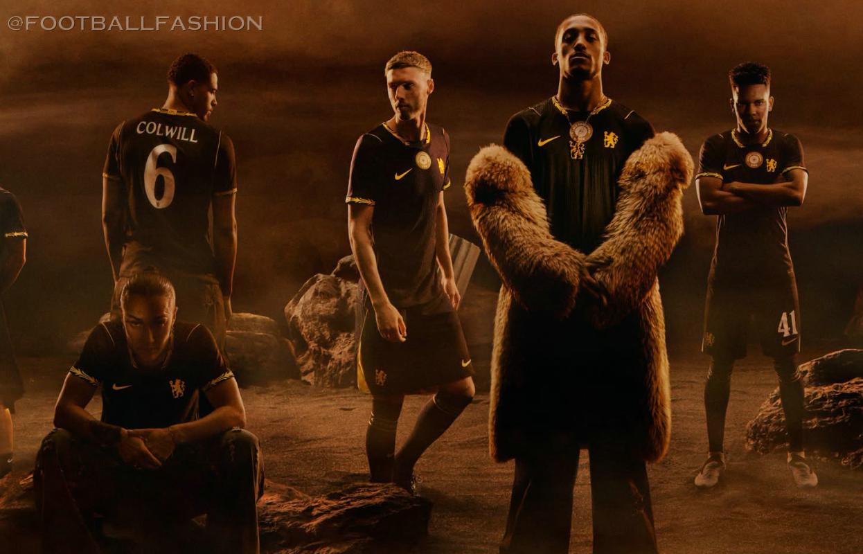 The Chelsea Football Club 2026/27 Nike away jersey featuring a black base with Midwest Gold shoulder ribs, round neck trim, and sleeve cuffs.