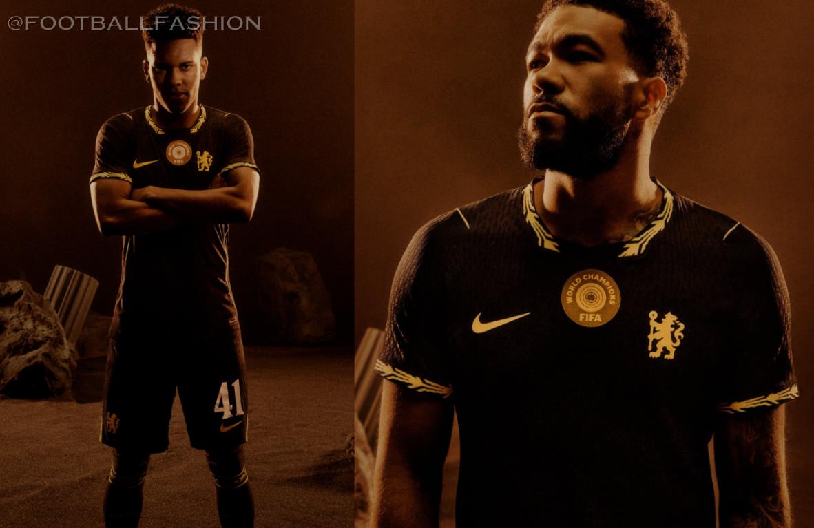 The Chelsea Football Club 2026/27 Nike away jersey featuring a black base with Midwest Gold shoulder ribs, round neck trim, and sleeve cuffs.