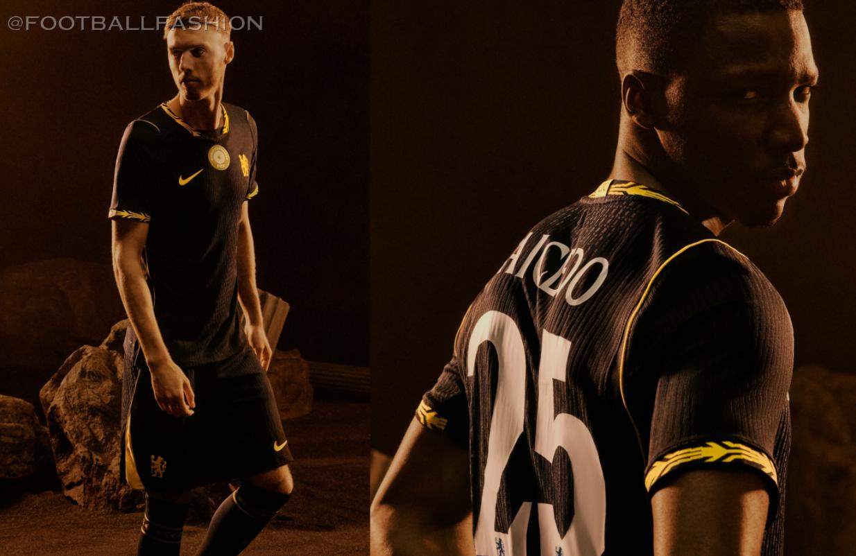 The Chelsea Football Club 2026/27 Nike away jersey featuring a black base with Midwest Gold shoulder ribs, round neck trim, and sleeve cuffs.
