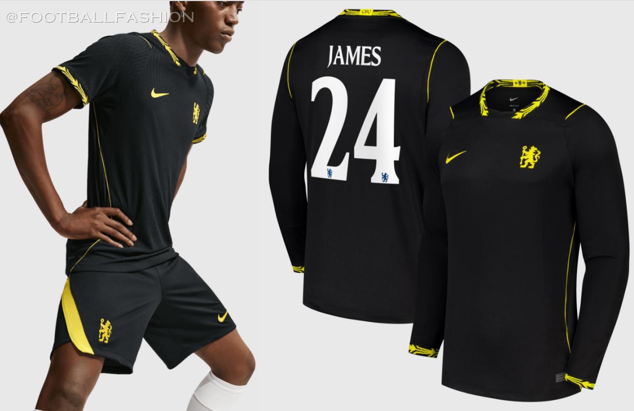 The Chelsea Football Club 2026/27 Nike away jersey featuring a black base with Midwest Gold shoulder ribs, round neck trim, and sleeve cuffs.
