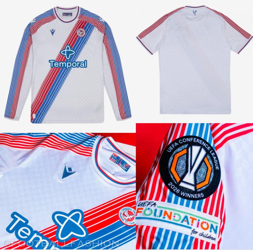 Crystal Palace Football Club 2026/27 Jersey home kit by Macron featuring the iconic red and blue diagonal sash on a white base.