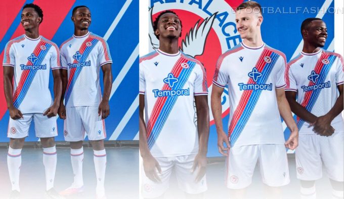 Crystal Palace Football Club 2026/27 Jersey home kit by Macron featuring the iconic red and blue diagonal sash on a white base.