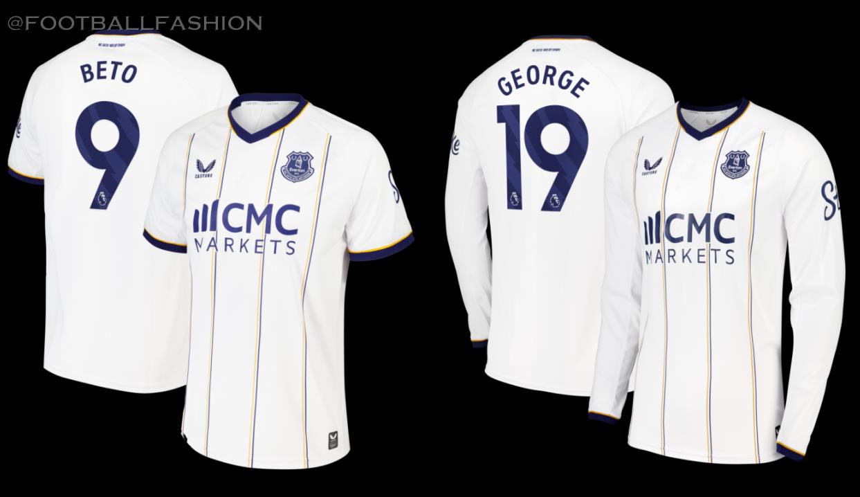 Everton Football Club 2026/27 Castore away jersey with vertical trinity amber and royal blue pinstripes, white sleeves, and royal blue shorts.