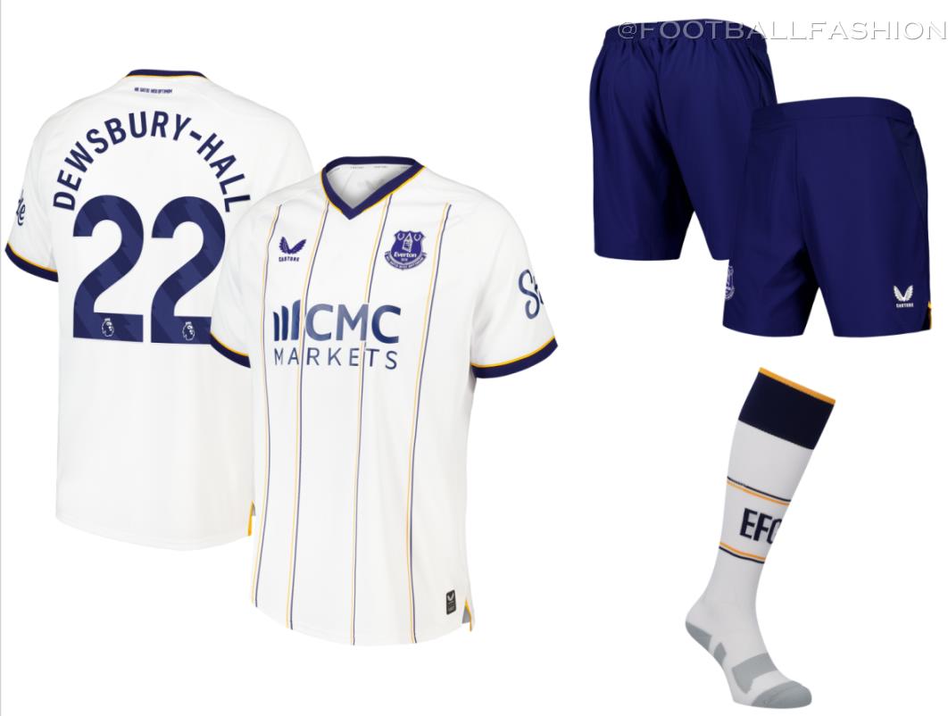 Everton Football Club 2026/27 Castore away jersey with vertical trinity amber and royal blue pinstripes, white sleeves, and royal blue shorts.