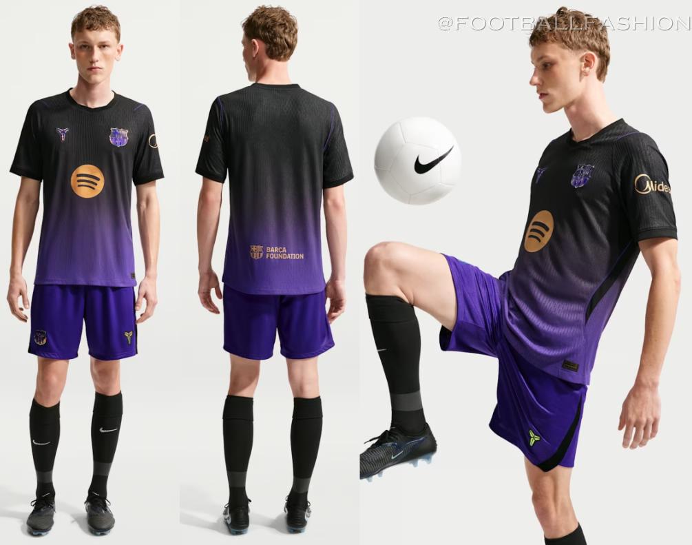 FC Barcelona 2026/27 Kobe Bryant away jersey featuring black fading to purple with gold accents and an iridescent crest.