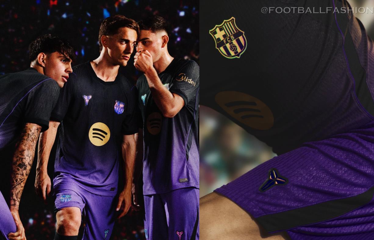 FC Barcelona 2026/27 Kobe Bryant away jersey featuring black fading to purple with gold accents and an iridescent crest.