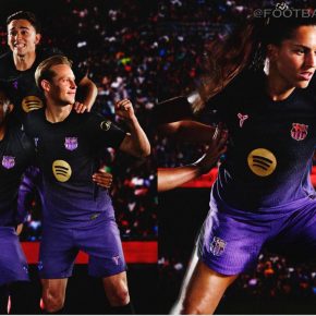FC Barcelona 2026/27 Kobe Bryant away jersey featuring black fading to purple with gold accents and an iridescent crest.