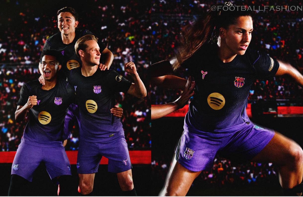 FC Barcelona 2026/27 Kobe Bryant away jersey featuring black fading to purple with gold accents and an iridescent crest.