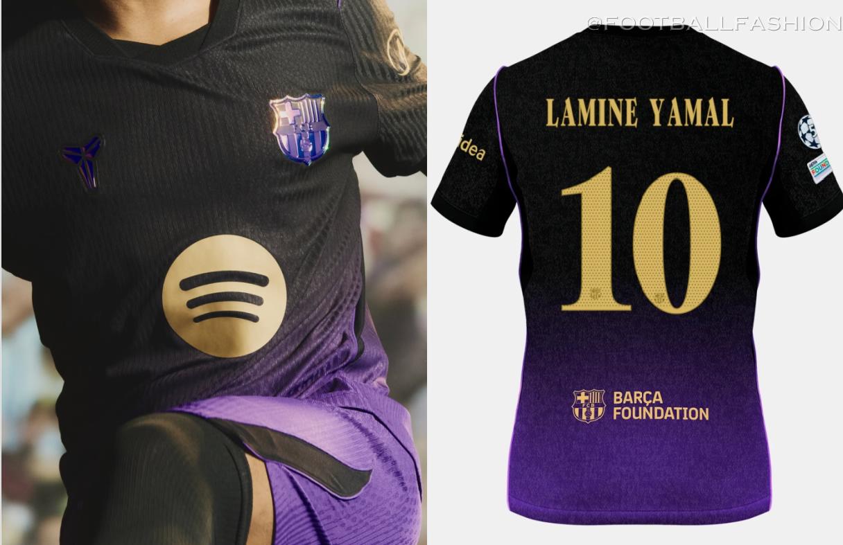 FC Barcelona 2026/27 Kobe Bryant away jersey featuring black fading to purple with gold accents and an iridescent crest.