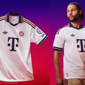 FC Bayern 2026/27 away jersey in white with polo collar, red and navy blue details, and historic club crest.