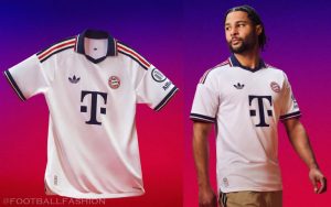 FC Bayern 2026/27 away jersey in white with polo collar, red and navy blue details, and historic club crest.