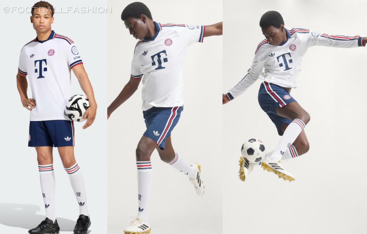FC Bayern 2026/27 away jersey in white with polo collar, red and navy blue details, and historic club crest.