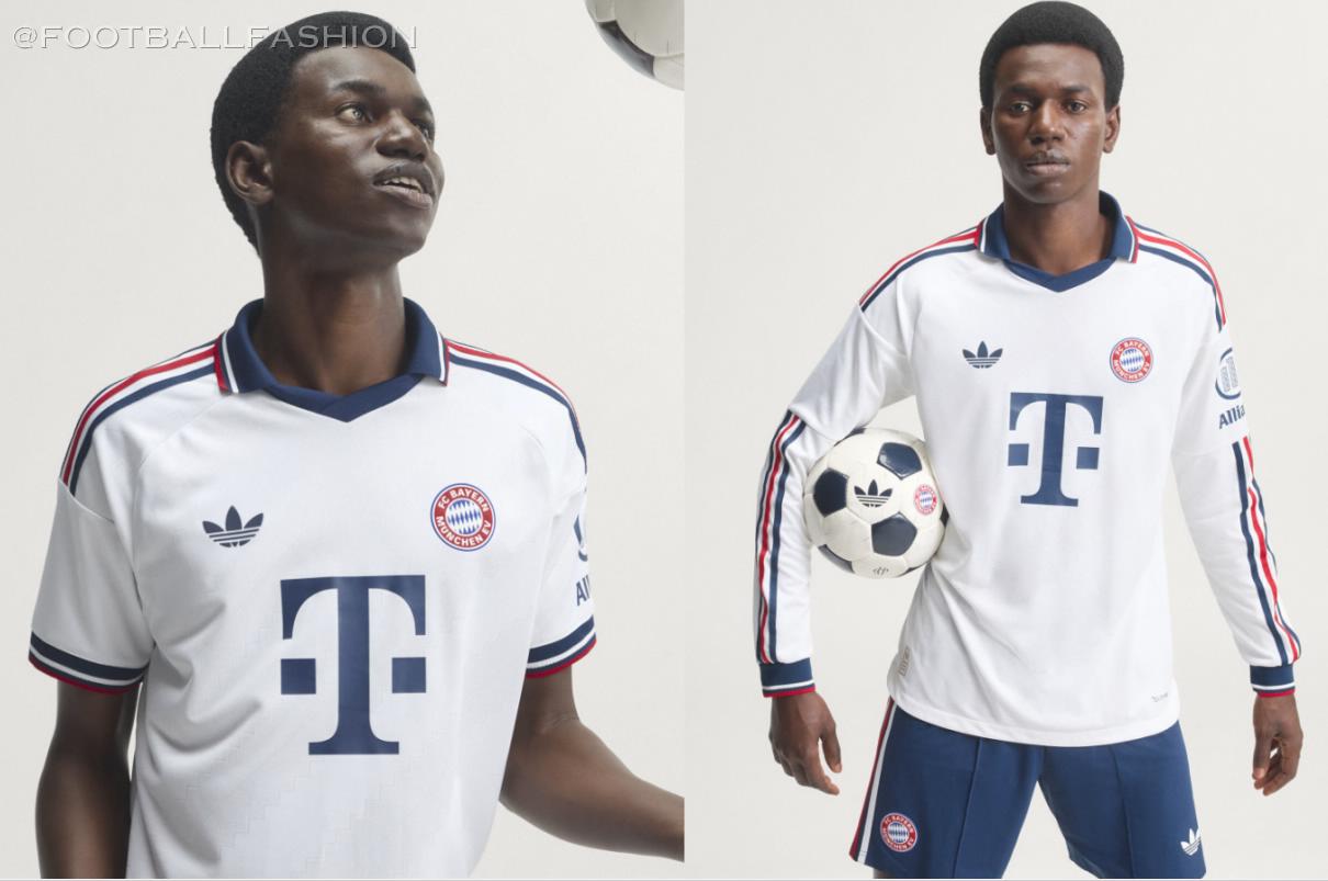FC Bayern 2026/27 away jersey in white with polo collar, red and navy blue details, and historic club crest.