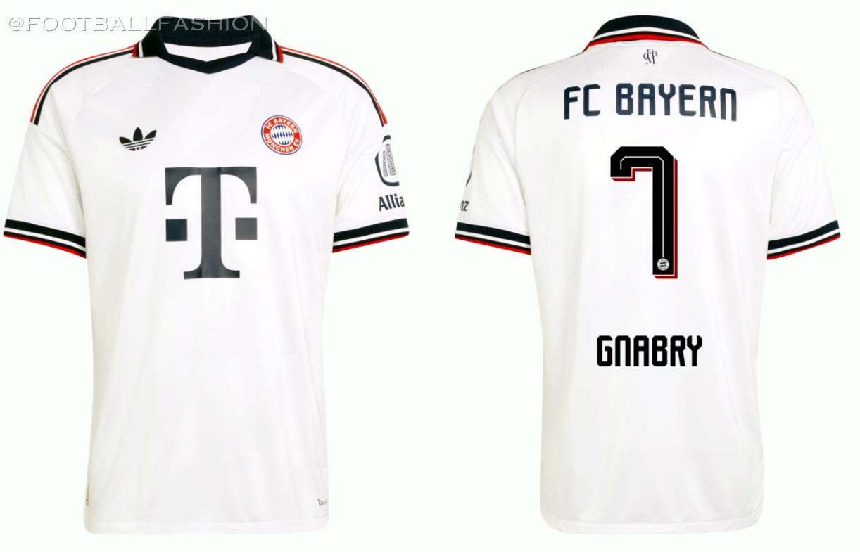 FC Bayern 2026/27 away jersey in white with polo collar, red and navy blue details, and historic club crest.