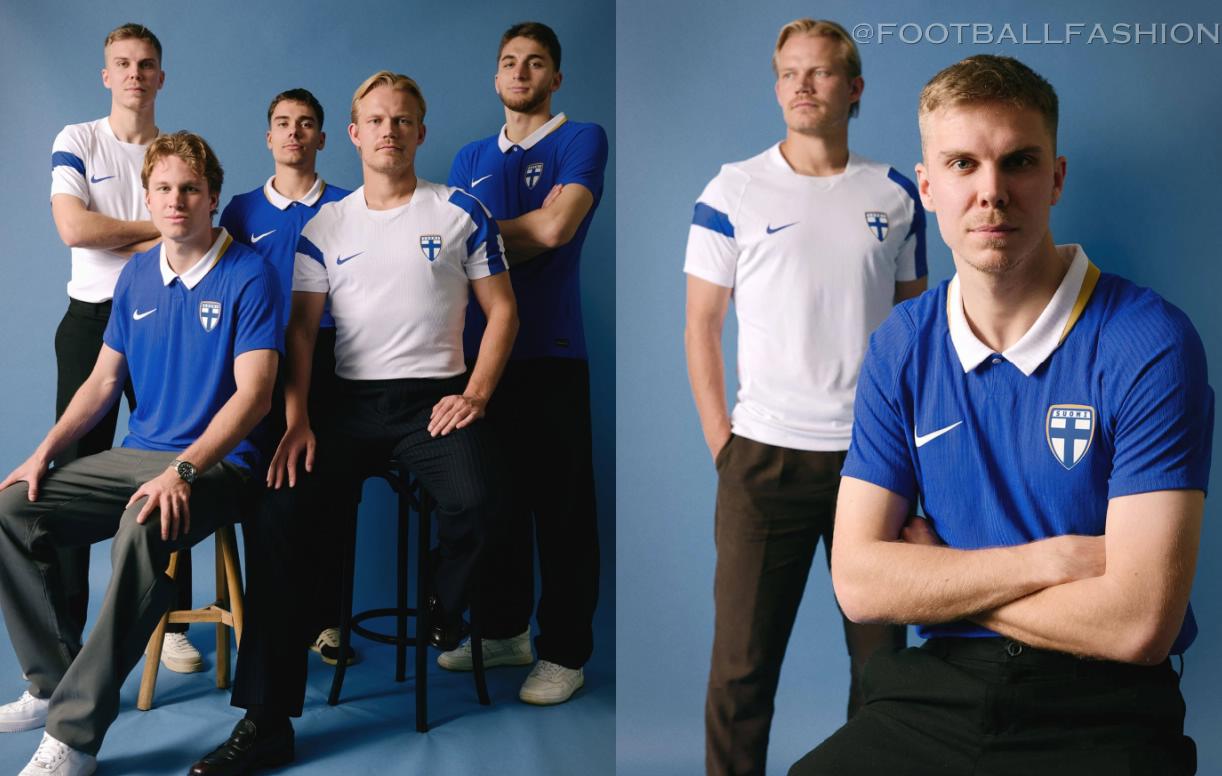 Official Nike Finland 2026/27 Jersey collection showcasing both the white home kit with traditional blue sleeve details and the blue away kit featuring a white polo collar.